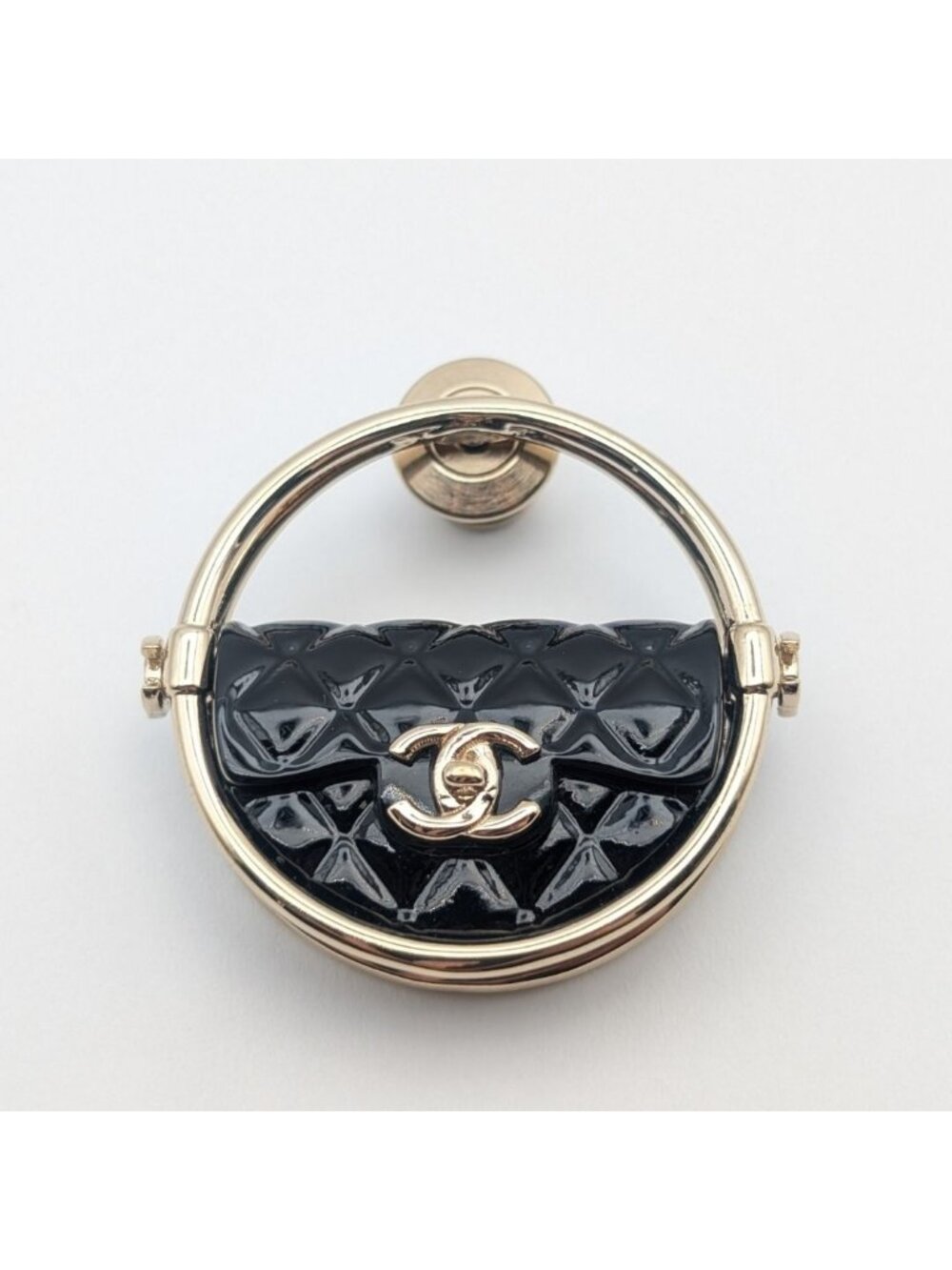 Chanel Brooch CC Logo Turnlock Quilted Bag Motif Gold Black Pin Badge 23c